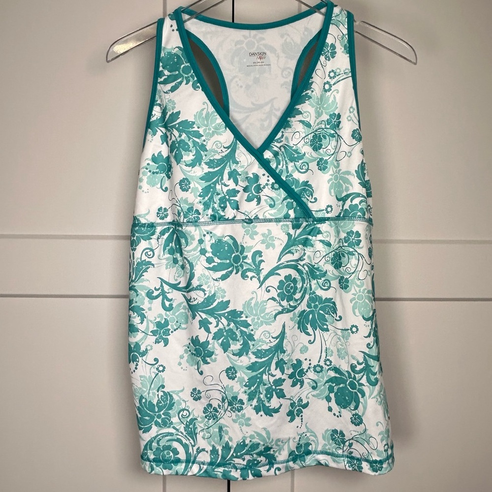 Danskin Now Turquoise Floral Wrap Front Workout Tank Top White NWOT